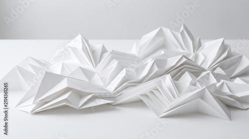 Origami paper mountain landscape displays intricate geometric textures and sharp shadows across a clean white surface to create a sophisticated artistic composition that evokes pure minimalism.