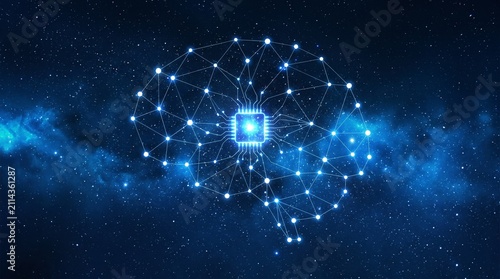 Digital brain network concept with glowing nodes and connecting lines inside a deep space galaxy background intelligence connection technology abstract computing information innovation