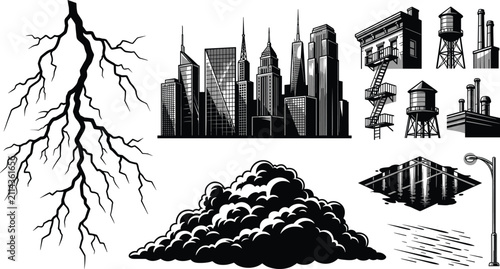 Quadro su tela Urban Weather and Cityscape Vector Element Set featuring Lightning Bolt, Storm C