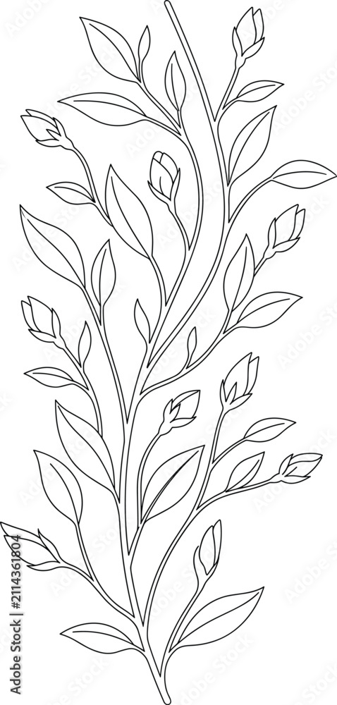 Fototapeta premium Hand Drawn Floral Branch Outline Vector with Leaves and Flower Buds Botanical Line ArtHand Drawn Floral Branch Outline Vector with Leaves and Flower Buds Botanical Line Art