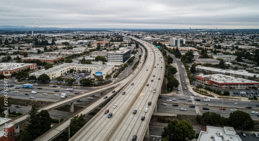 Fototapeta premium Expansive elevated freeway junction with heavy traffic flow in a modern city