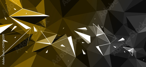 Cuadro en lienzo Polygonal vector abstract background, 3D low poly dark hot surface structure with chaos motion of debris particles, broken elements flying dynamism, hot energy