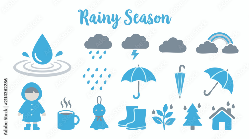 Obraz premium Flat design rainy season icons set with weather elements and objects
