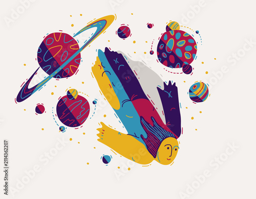 Принти на полотні Person floating among planets in space, imagination and exploration concept, dreamer in universe, freedom, creativity, cosmic journey illustration