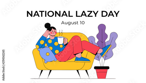 Illustration of woman relaxing on sofa holding warm mug with happy woman resting yellow couch holding steaming drink relaxation lifestyle furniture