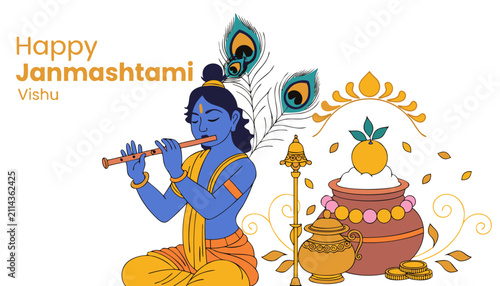 Blue deity playing flute with peacock feather with golden pot peacock next golden spirituality illustration celebration meditation auspicious
