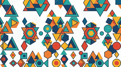 Repeating pattern of colorful geometric shapes and outlines