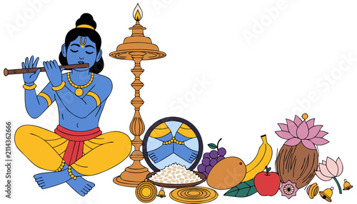 Blue deity playing flute with traditional festival offerings with offerings white background alongside traditional displays blue spirituality