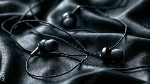 Wired earbuds resting on black satin fabric with transparent background
