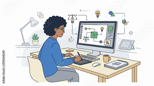 Person working on a computer with design tools and flowcharts