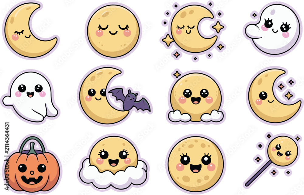 Obraz premium Set of cute kawaii style celestial and halloween featuring smiling moons, a friendly white ghost, a purple bat, a jack-o-lantern, and a magic wand, isolated on a white background