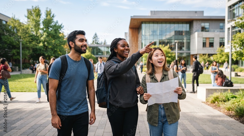 Obraz premium Happy students walking together on university campus.