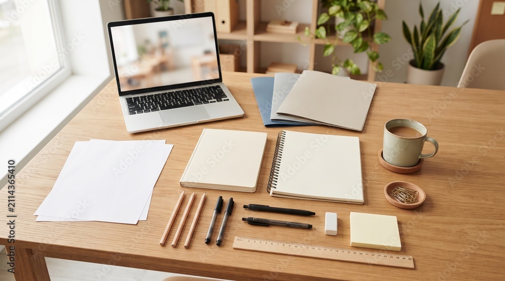 Fototapeta premium Minimalist wooden desk with laptop and stationery setup.