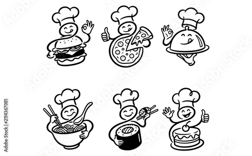 Set of cute chef character icons with various food items