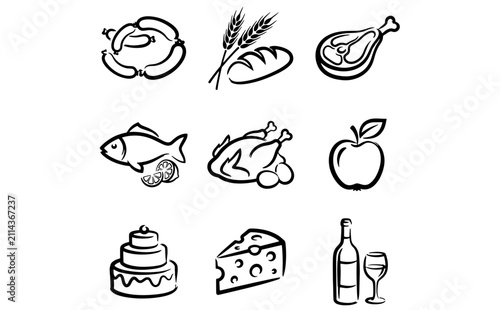 Hand drawn food icons in a grid layout