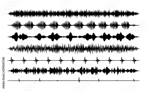 Collection of black audio waveforms on white