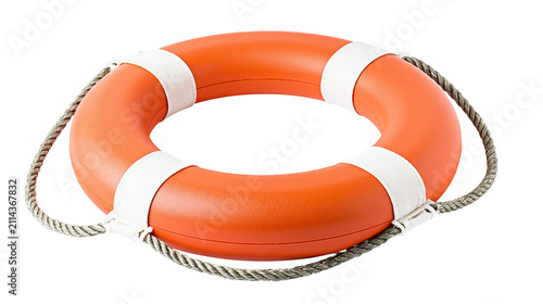 Konstfotografi Orange life preserver ring with white bands and rope