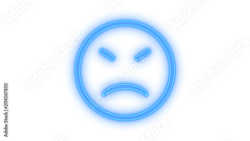 Angry neon emoticon icon with frown and mad eyebrows expression glowing colorful light sign style vector illustration element representing bad mood isolated on transparent background