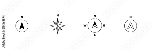 Compass Icons with Directional Arrows and Labels Arranged Horizontally Featuring Icon, Direction, North with South and East
