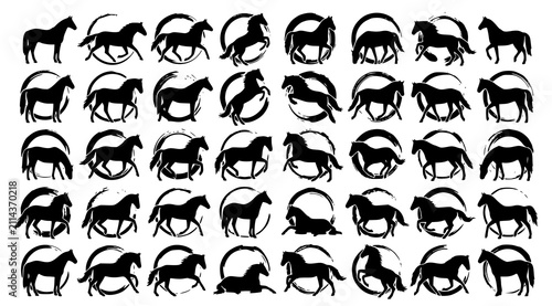 Foto Collection of black horse silhouettes and artistic ink circle vector set with dy