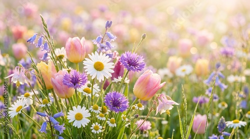Colorful Wildflower Meadow in Bloom with Daisies Tulips and Cornflowers