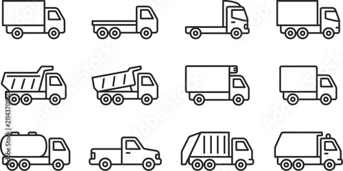 Cargo Truck Transport Line Icon Set Commercial Heavy Vehicle Fleet Delivery Outline Symbols