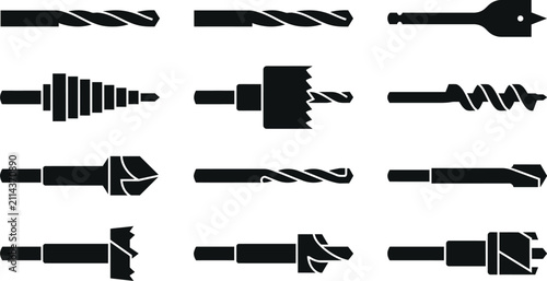 Drill Bit Types Set Vector Illustration for Professional Construction Work and Woodworking Tools