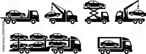 Tow Truck and Car Transport Vector Silhouette Icons Set for Auto Towing and Recovery Services