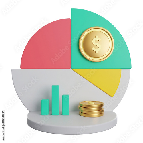 3D pie chart icon gold dollar coins financial data analytics bar chart budget distribution report isolated on white background vector