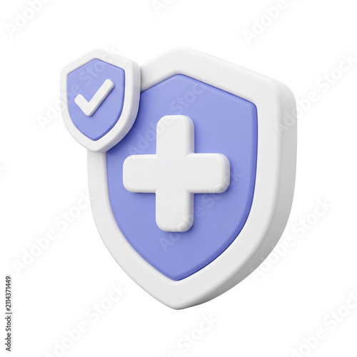 3D Medical Shield Icon with Cross Symbol and Verified Checkmark Isolated on White Background