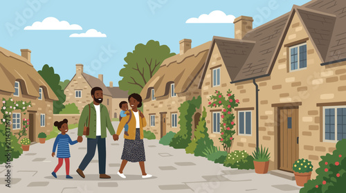 Obraz na plátně Happy Family Walking Through a Scenic English Village Illustration
