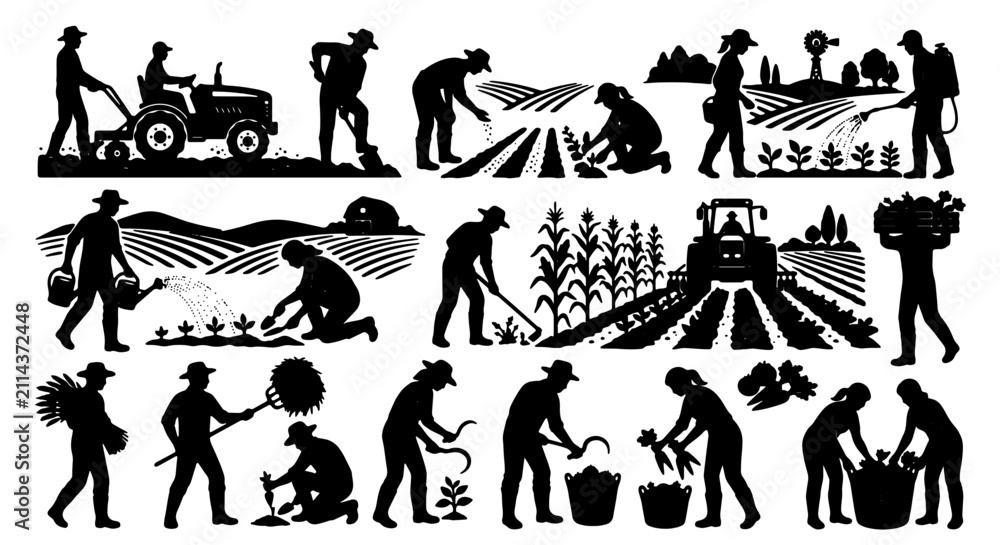 Obraz premium Farm Agriculture Silhouettes: 15 Vector Icons of Farmers, Tractors, Harvesting, and Rural Life for Organic Food and Countryside Concepts