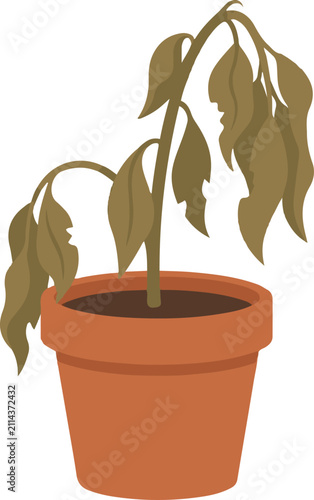 Wilted houseplant in a terracotta flower pot isolated on white background. Editable EPS vector illustration representing dead plant, poor care, drought, or lack of watering.