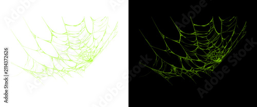 Fotografie Glowing green spider web on black and white backgrounds, neon cobweb design elem