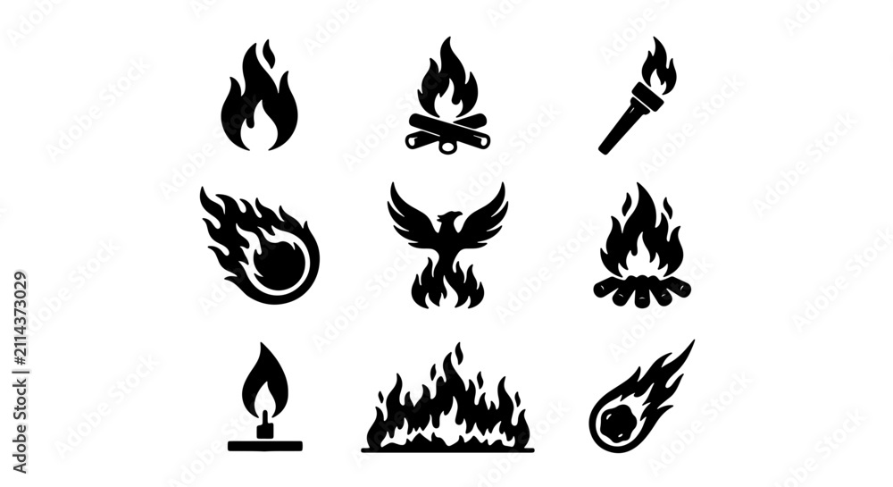 Obraz premium Fiery Elements Vector Icons: Flames, Torches, Comets, and Phoenix Symbol Set, Black and White Graphics for Heat, Energy, and Mythological Concepts