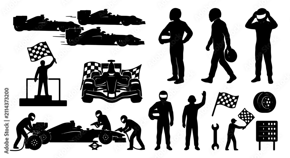 Naklejka premium Formula 1 Racing Icons Set: Speeding Cars, Pit Stop Mechanics, Champion Podium, Checkered Flags, and Drivers in Silhouette