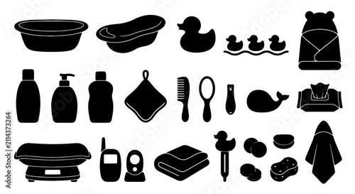 Fotografie Baby Bath Time Icons Set, Newborn Hygiene Essentials Collection, Rubber Duck, To
