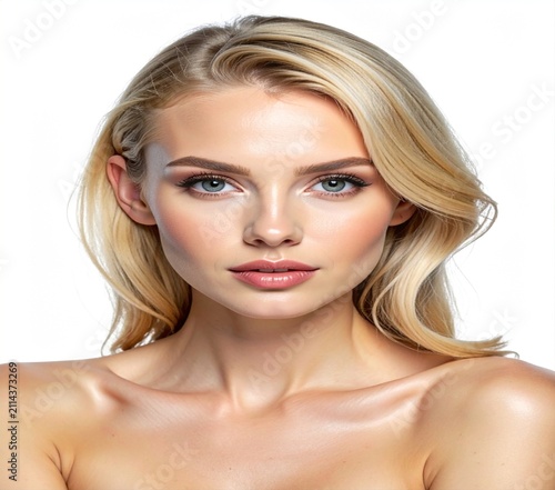 Minimalist beauty portrait of a blonde woman with blue eyes looking directly at the camera with smooth skin.