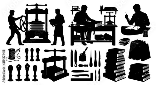 Foto Vintage Printing Press Vector Icons, Bookbinding Tools, and Artisan Silhouettes