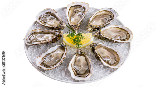 Fresh oysters on ice with lemon slice and dill garnish