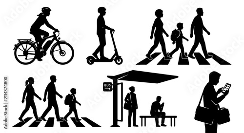 Urban Mobility Silhouettes: Cyclist, Scooter Rider, Pedestrians Crossing, Bus Stop Users, Phone User, Vector Icons for City Life and Transportation Concepts