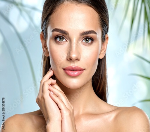 Portrait of a beautiful young woman touching her face with soft tropical leaf shadows on her clean skin.
