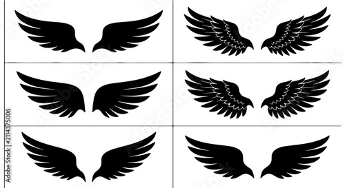 Canvastavla Set of 6 Black Wing Icons, Angelic and Tribal Styles, Vector Graphics for Design