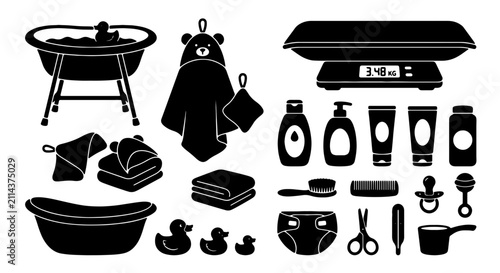 Fotografie Baby Bath Time Essentials Collection, Newborn Care Icons, Infant Hygiene Objects