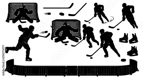 Canvas Print Ice Hockey Action Silhouettes, Player Pucks and Goals Vector Set