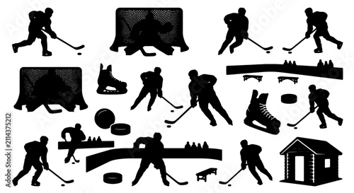 Photography Ice Hockey Player Silhouettes, Goalie, Skates, Puck, Net, and Rink Elements Vector Set