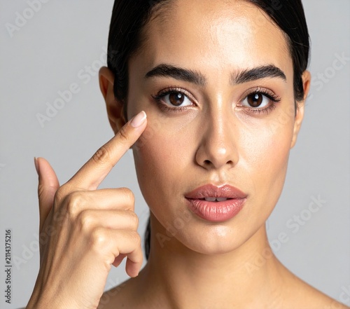 Close-up beauty portrait of a young woman touching her skin near eye for skincare concept