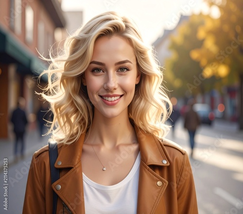 Portrait of a beautiful blonde woman in brown leather jacket smiling outdoors in the city