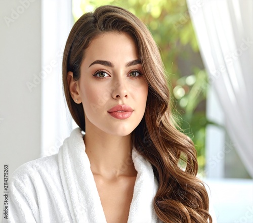 Beautiful young woman wearing a white bathrobe looking at the camera in a modern bright room setting.