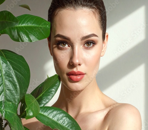Close-up portrait of a woman with clean skin poses naturally near large green tropical leaves.